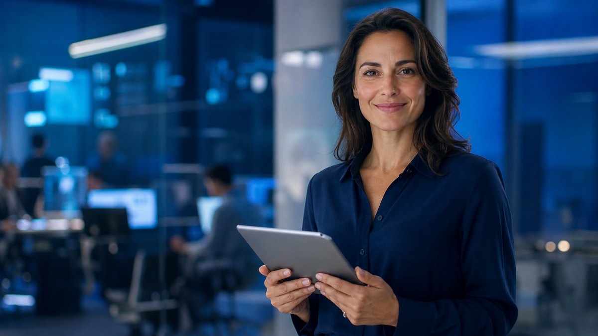 BROSH affiliate partner holding a tablet in a modern office