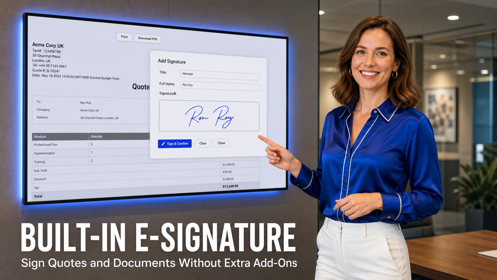 Built-In E-Signature in BROSH CRM for Quotes and Documents